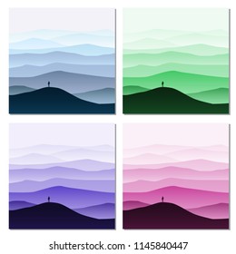 Set of Minimalistic mountain landscape, silhouettes, open your world, lonely explorer, horizon, perspective, vector, illustration, isolated