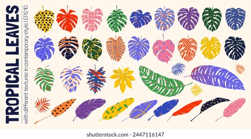 Set minimalistic naive unusual tropical leaves in matisse art style, Hand drawn silhouettes jungle plants branches with different textures, Botanical vector assets collection graphic bizarre elements