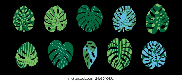 Set minimalistic naive unusual tropical leaves in matisse art style, 
Silhouettes jungle plants branches with different textures, Botanical vector assets collection graphic bizarre elements.