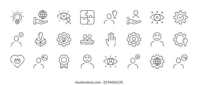 Set of minimalistic outline icons representing ideas, innovation, and human interactions. Vector icon