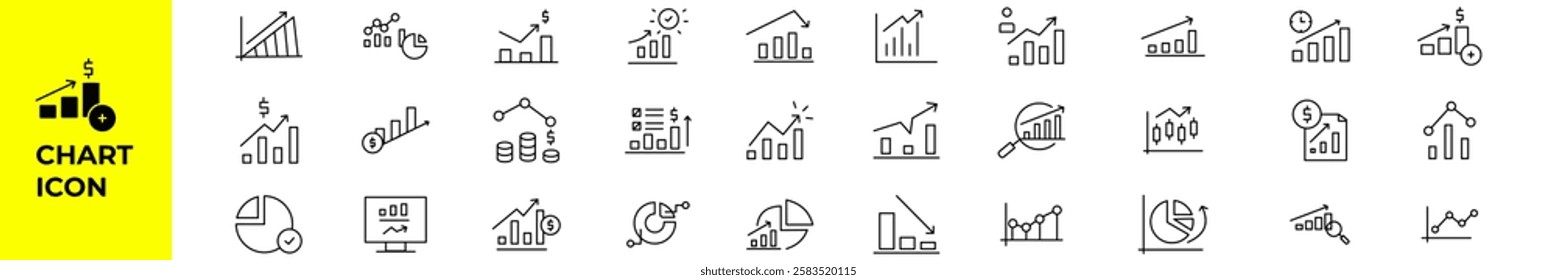 A set of minimalistic outline icons representing various business charts, graphs, and analytics. Ideal for financial reports, data visualization, and corporate presentations.