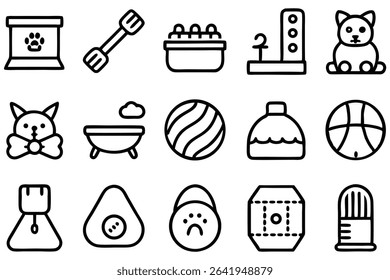 Set of minimalistic outlined icons featuring pet toys, pet products, cat and dog related items, and everyday objects.