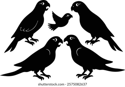 A set of minimalistic  parrot birds in different poses silhouette on a white background isolated. 