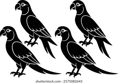 A set of minimalistic  parrot birds in different poses silhouette on a white background isolated. 