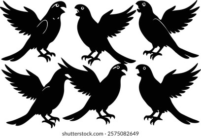 A set of minimalistic  parrot birds in different poses silhouette on a white background isolated. 