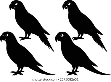 A set of minimalistic  parrot birds in different poses silhouette on a white background isolated. 