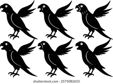 A set of minimalistic  parrot birds in different poses silhouette on a white background isolated. 