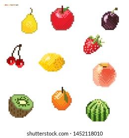 Set of minimalistic pixel art vector fruits isolated.game 8 bit style.symbols group collection. watermelon, pear, apple, lemon, strawberry, cherry, kiwi, citrus, peach, plum