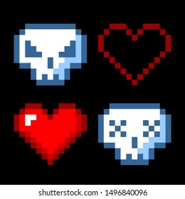 Set of minimalistic pixel art vector objects isolated game 8 bit style graphic symbols group collection skull and heart