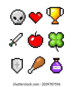 Conjunto de objetos vectoriales de píxeles minimalistas aislados. Espada, moneda, poción, corazón