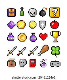 Set Of Minimalistic Pixel Art Vector Objects Isolated. Sword, Coin, Potion, Heart