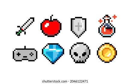 Set of minimalistic pixel art vector objects isolated. Sword, coin, potion, heart