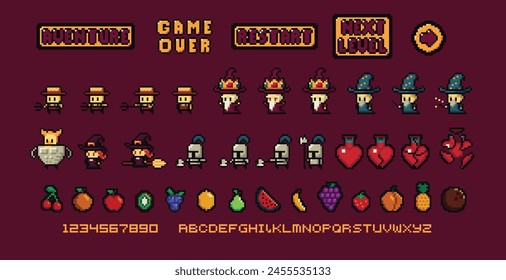 Set of minimalistic pixel art vector objects isolated. Pixel game buttons. Video nostalgic game pixel magic items, digital pixelated lives bar. Retro icons used in games