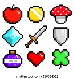 Set of minimalistic pixel art vector objects isolated. game 8 bit style. minimalistic pixel graphic symbols group collection. apple, coin, mushroom, diamond, sword, shield, potion, heart, lucky clever