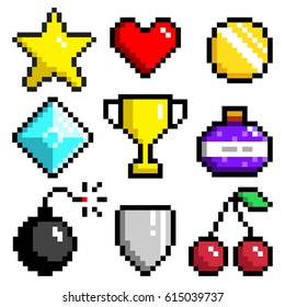 Set of minimalistic pixel art vector objects isolated. game 8 bit style. minimalistic pixel graphic symbols group collection. star, heart, coin, diamond, goblet, potion, bomb, shield, cherry.
