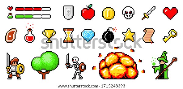Set of minimalistic pixel art vector objects\
isolated. Pixel game buttons. 8 bit UI gaming bar notation.\
Video-game pixel magic items, digital pixelated lives bar. Heroes\
and retro icons used in\
games