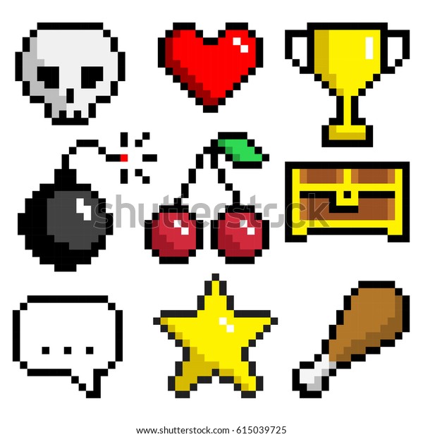 Set of minimalistic pixel art vector objects\
isolated. game 8 bit style. minimalistic pixel graphic symbols\
group collection. skull, heart, goblet, bomb, cherry, chest,\
phrase, star, food.