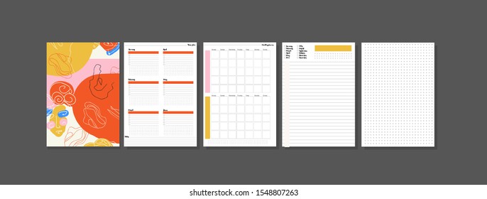 Set of minimalistic planners 2020 with abstact cover. Year, monthly, daily planner template. Blank notebook page isolated on grey. Business and time management. Paper sheet. Vector illustration.