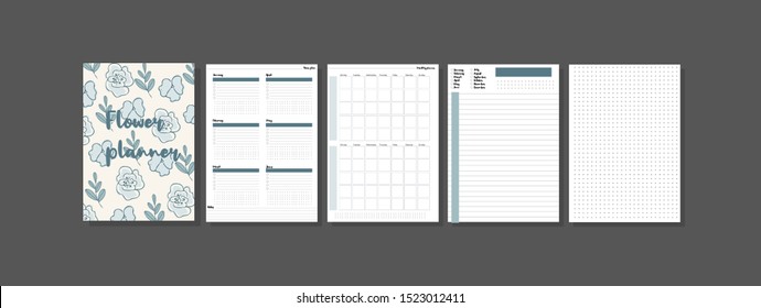 Set of minimalistic planners 2020 with blue floral cover. Year, monthly, daily planner template. Blank notebook page isolated on grey. Business and time management. Paper sheet. Vector illustration.