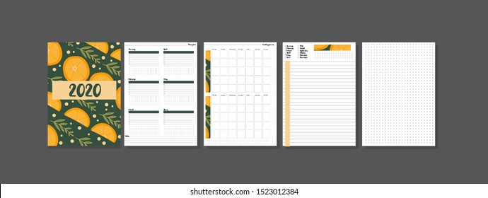 Set of minimalistic planners 2020 with floral cover. Year, monthly, daily planner template. Blank notebook page isolated on grey. Business and time management. Paper sheet. Vector illustration.