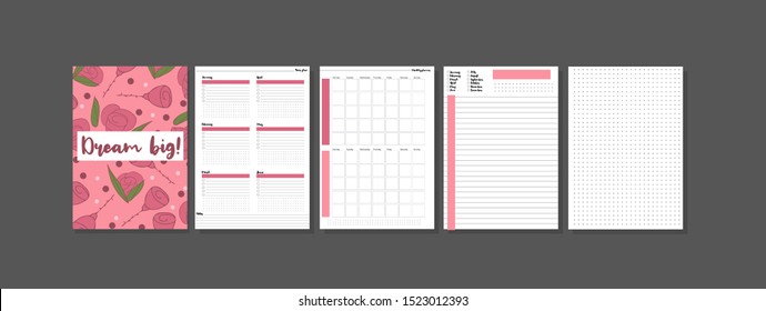 Set of minimalistic planners 2020 with floral cover. Year, monthly, daily planner template. Blank notebook page isolated on grey. Business and time management. Paper sheet. Vector illustration.