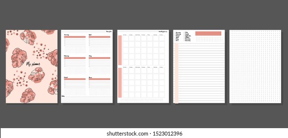 Set of minimalistic planners 2020 with floral jungle cover. Year, monthly, daily planner template. Blank notebook page isolated on grey. Business and time management. Paper sheet. Vector illustration.