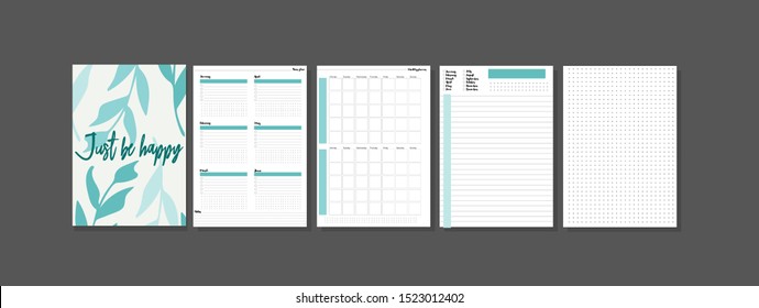 Set of minimalistic planners 2020 with floral cover. Year, monthly, daily planner template. Blank notebook page isolated on grey. Business and time management. Paper sheet. Vector illustration.