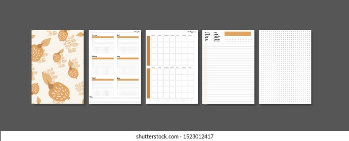 Set of minimalistic planners 2020 with floral cover. Year, monthly, daily planner template. Blank notebook page isolated on grey. Business and time management. Paper sheet. Vector illustration.