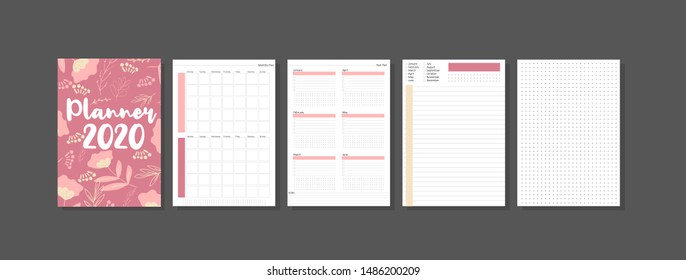 Set of minimalistic planners 2020 with pink floral cover. Year, monthly, daily planner template. Blank notebook page isolated on grey. Business and time management. Paper sheet. Vector illustration.