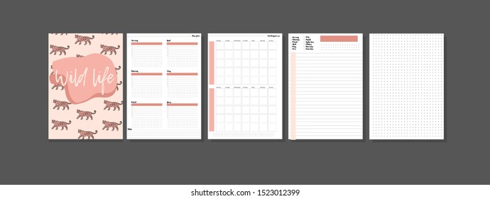 Set of minimalistic planners 2020 with pink animal cover. Year, monthly, daily planner template. Blank notebook page isolated on grey. Business and time management. Paper sheet. Vector illustration.