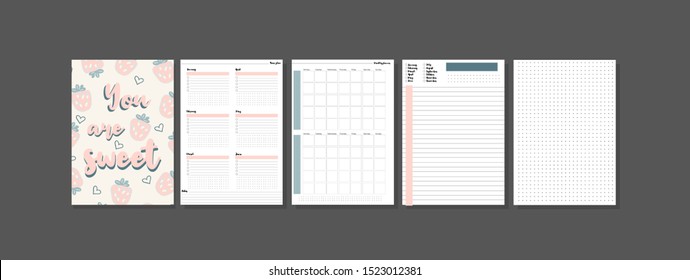 Set of minimalistic planners 2020 with strawberry cover. Year, monthly, daily planner template. Blank notebook page isolated on grey. Business and time management. Paper sheet. Vector illustration.