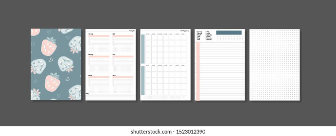 Set of minimalistic planners 2020 with strawberry cover. Year, monthly, daily planner template. Blank notebook page isolated on grey. Business and time management. Paper sheet. Vector illustration.