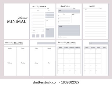 Set of minimalistic planners 2021 with pink floral cover.  Monthly, weekly,daily planner template. Business and time management. Paper sheet. Vector illustration.