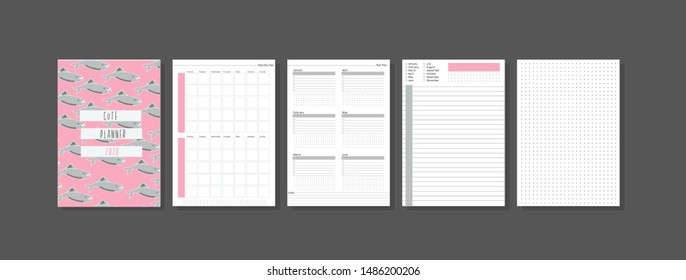 Set of minimalistic planners with cute sharks. Year, monthly, daily planner template. Blank notebook page isolated on grey. Business and time management. Paper sheet. Vector illustration.