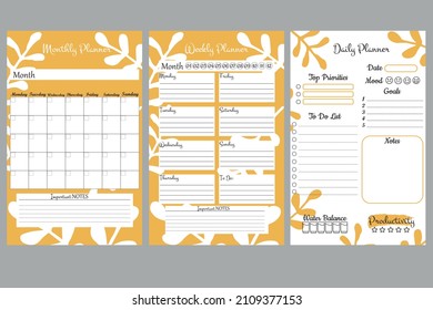 Set of minimalistic planners. Daily, weekly, monthly planner template. A cute and simple printable to-do list. Simple green leaves, branches. Design with yellow and white elements.