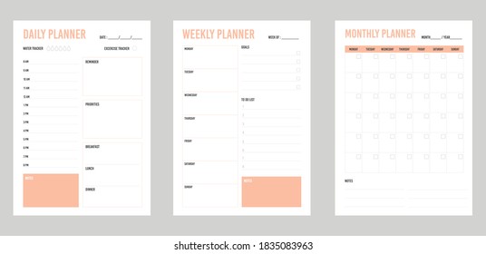 Set of minimalistic planners , daily, weely, monthly