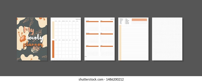 Set Of Minimalistic Planners With Floral Cover. Year, Monthly, Daily Planner Template. Blank Notebook Page Isolated On Grey. Business And Time Management. Paper Sheet. Vector Illustration.