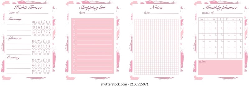 A set of minimalistic planners. A template for a list of products, a habit tracker, a monthly planner and a sheet for notes. Cute and simple to-do list for printing. Vector illustration.