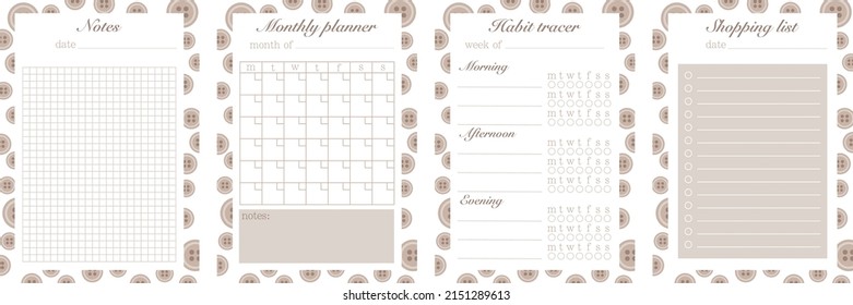 A set of minimalistic planners. A template for a list of products, a habit tracker, a monthly planner and a sheet for notes. Cute and simple to-do list for printing. Vector illustration.