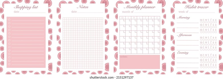 A set of minimalistic planners. A template for a list of products, a habit tracker, a monthly planner and a sheet for notes. Cute and simple to-do list for printing. Vector illustration.