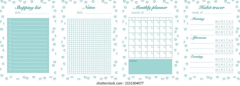 A set of minimalistic planners. A template for a list of products, a habit tracker, a monthly planner and a sheet for notes. Cute and simple to-do list for printing. Vector illustration.