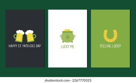 Set of minimalistic poscards or posters fo st patricks day with beer,pot of gold and horseshoe