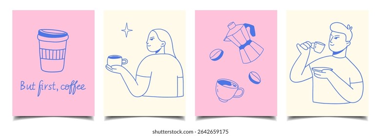 set of minimalistic postcards, banners, templates with hand-drawn coffee doodles
