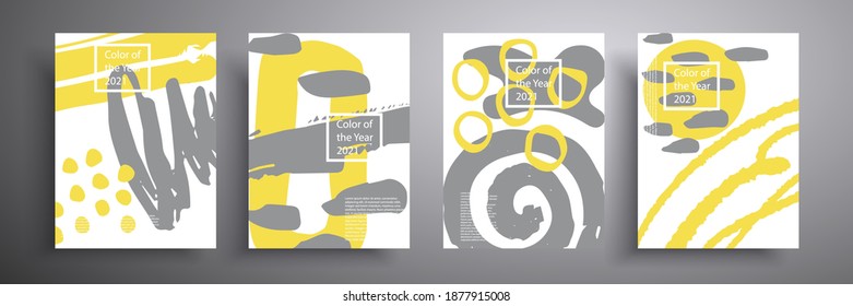 Set of minimalistic posters with abstract composition of geometric shapes in trendy color 2021. Gray and yellow. A beautiful background that is applicable for cover design, poster, brochure