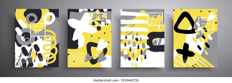 Set of minimalistic posters with abstract composition of geometric shapes in trendy color 2021. Gray and yellow. A beautiful background that is applicable for cover design, poster, brochure