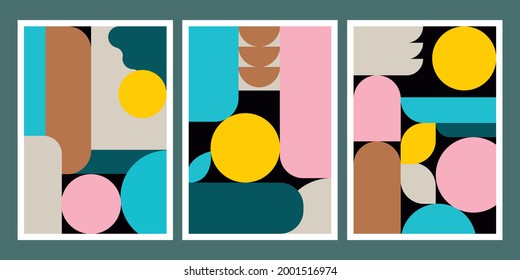Set of minimalistic posters with abstract composition of geometric shapes in trendy color 2021. beige, brown, pink, blue, . A beautiful background that is applicable for cover design, poster, brochure