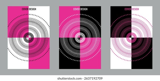 Set of minimalistic posters with basic shapes, geometric figures in swirl style, sound vibration. Sound wave. Modern vector minimalistic illustration for parties, music festivals.