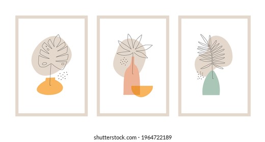 Set of minimalistic posters or cards with line art drawing tropical leaves and abstract shapes. Illustrations for wall art decoration, print, postcard, cover design. 