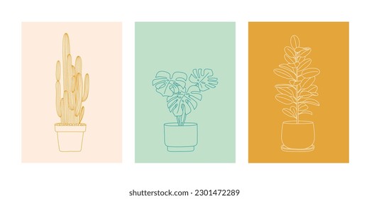Set of minimalistic posters or cards with line art drawing Houseplants. Trendy home decor. Monstera, ficus, cacti for home and interior. Vector illustration