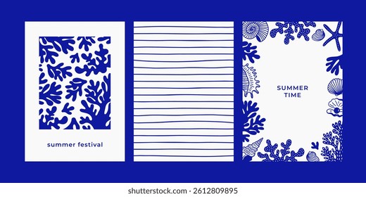 Set of minimalistic posters or cards with seashells and corals. Illustrations for wall art decoration, print, postcard, cover design. Vector illustration
